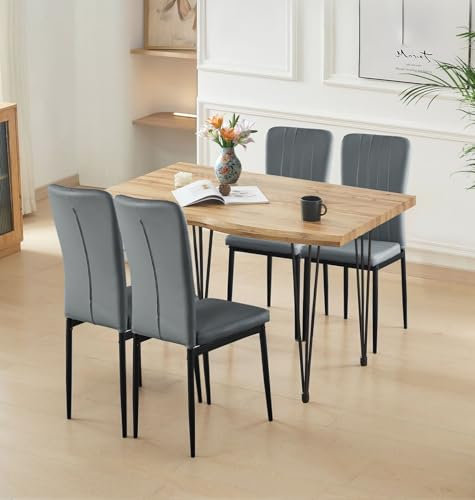 Hallowood Furniture Cullompton Rectangle Dining Table and Chairs Set 4, Dining Room Sets with Live Edge Effect Kitchen Table and Light Grey Faux Leather Kitchen Chairs (120cm)