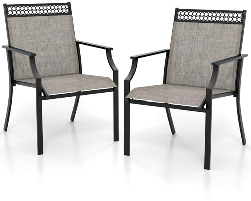 GOPLUS Gartenstühle 2er Set, Bistrostuhl mit Rückenlehne & Armlehne, Balkonstuhl aus Metall bis 160 kg belastbar, Essstuhl Outdoor für Terrassen Garten Balkon (Kaffee)