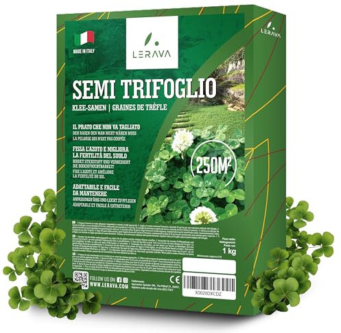 LERAVA® Trifoglio Nano semi prato [Non Richiede Taglio] - 250m² - Semi trifoglio nano per prato - Fissa l'azoto e Migliora la fertilità del suolo - Trifoglio semi con fioritura bianca - 1 kg