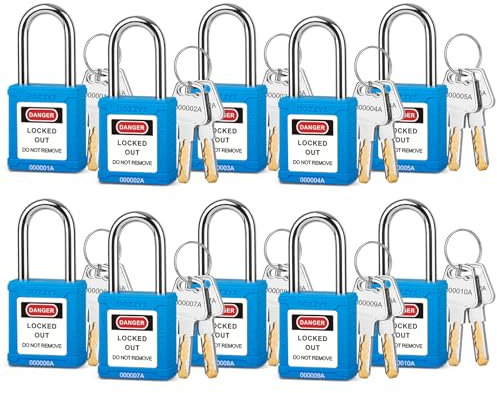 Juego de 10 candados de seguridad azules de bloqueo/etiquetado, candados de bloqueo con llave diferente, 2 llaves por cerradura de loto, para bloqueo de equipos industriales (BD-G03KD-10PCS)
