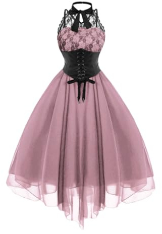 VDDTAGAM Retro Robe Bretelles Femme Longue Ourlet a Volant Asymetrique A-Line Victorienne Steampunk Gothique Medieval Deguisement Halloween Costume Femme Mini Soirée Robes Punk Robes de Club