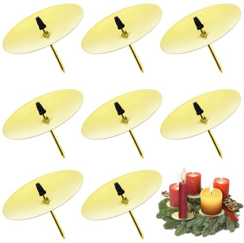 8 Stück Adventskranz für Kerzenhalter, Ø 4 cm Gold Adventskerzenhalter Metall Kerzenleuchter mit Dorn, für DIY Adventskranz Deko Weihnachten Kerzenteller
