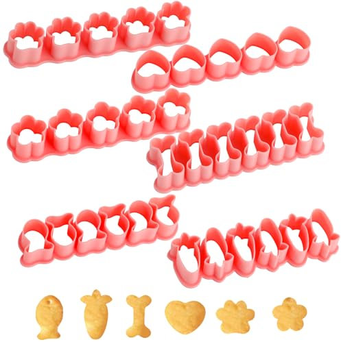 Thinp 6 Set Mini Cookie Cutters Including Goldfish Cracker Cutter Dog Bone Paw Flower Heart Carrot Shaped Cracker Cutter for Cakes Cookies Sugar Pet Snacks Making Dog Themed Party Gift (Pink)