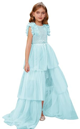 GRACE KARIN Kids Flutter Sleeve Birthday Party Dress Sequin Dresses+ Tiered Skirt for 9-10 Years Teen Girls Sage Green