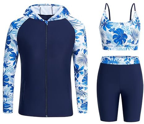Owntop Damen 3-teiliger Rash Guard | UPF50+ Badeanzüge Kapuzen UV-Shirt | Langarm Reißverschluss Rashguard Shirts & Bikini Top & Hochtaillierte Boyshorts | Bescheidene Badebekleidung | Blau XL
