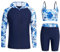 Owntop Damen 3-teiliger Rash Guard | UPF50+ Badeanzüge Kapuzen UV-Shirt | Langarm Reißverschluss Rashguard Shirts & Bikini Top & Hochtaillierte Boyshorts | Bescheidene Badebekleidung | Blau XL