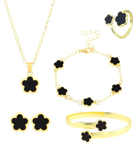 FDEETY Schmuckset Verstellbar Legierung Blumenschmuck mit Ohrringe Halskette Armband Ring Anhänger Party Schmuck Set für Frauen und Mädchen(Schwarz)