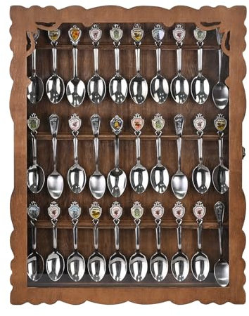 Ikee Design Wooden 30-Souvenir Spoon Display Case Cabinet, Wall-Mounted Tea Spoon Rack with Tempered Glass Suitable for Collection Display, 13.4W x 2.6D x 15.7H in