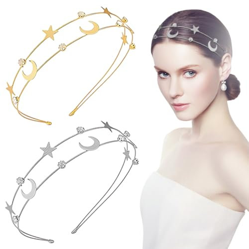 2 Pièces Bandeaux de Cheveux avec Lune et éToiles, Doré et Argent, Bandeau en Forme D'étoile en Métal avec Strass, Alliage Accessoire de Cheveux pour Femmes, Filles, FêTe