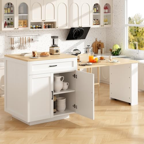 Zubaliya - Mesa extensible con espacio de almacenamiento (133-202 × 70 × 93,5 cm), mesa extensible para isla de cocina para 2 a 6 personas, carrito de cocina con estantes laterales, color blanco