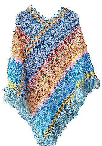 FGUUTYM Buntes Spleiß-Poncho für Damen mit Nationaldruck und Quasten, gestrickter Schal, Schal mit Fransen, Pashminas, Pullover, Geschenke für Frauen, Pullover mit Quastensaum, (Sky Blue, One Size)