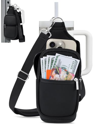 IPOW Black Magnetic Gym Water Bottle Holder with Phone Pockets & Shoulder Strap, Bottle Carrier Sleeve with 5 Strong Magnets, Gym Accessory Organizer for Men and Women