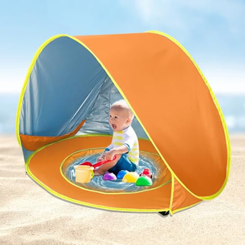 KBIBCK Tente de plage pop-up avec protection UV, mini piscine, portable, avec sac de transport et piquets de tente pour tout-petits, pique-nique, jardin (orange)