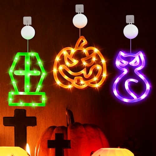 Smilfree Halloween Deko Fenster, 3 LED Fensterlichter Sarg Kürbis Katze | 3 LED Fensterlichter mit Saugnapf: Sarg, Kürbis & Katze, batteriebetriebene Halloween Fensterdeko für Zuhause & Party
