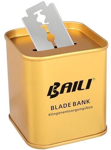 BAILI Razor Blade Bank Sharps Disposal Container Bin Storage Safely Store Used Safety Razor Blades Large Capacity for Barber Shops Personal Use Sealed Design Holds 300+ Blades, Matte Gold