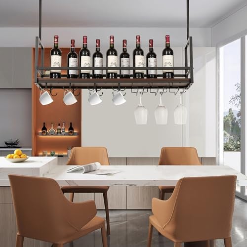 [en.casa] Botellero Vino Borejle Estantería Estante de Techo para Vino Licores Soporte Colgante para Copas Tazas para Cocina Cafeterías Metal/MDF 100 x 30 x 65 cm Negro y Efecto Nogal