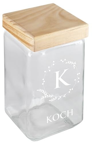 Herz & Heim® Personalisierbares Vorratsglas mit Bambusdeckel – 2 l Glasdose mit individuellem Aufdruck – Geschenk zu Hochzeit, Geburtstag, Einzug – luftdicht & dekorativ (Monogramm (weiß))