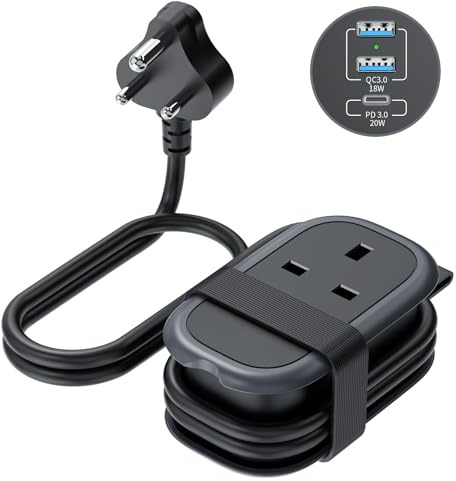 TOPREK UK to South Africa Plug Adapter with 1.06m Lead, PD 38W Fast Charger | Travel Adapter with 2 USB-A + 1 USB-C for Africa, Namibia, Swaziland, Lesotho, Bhutan, Botswana(Type M)
