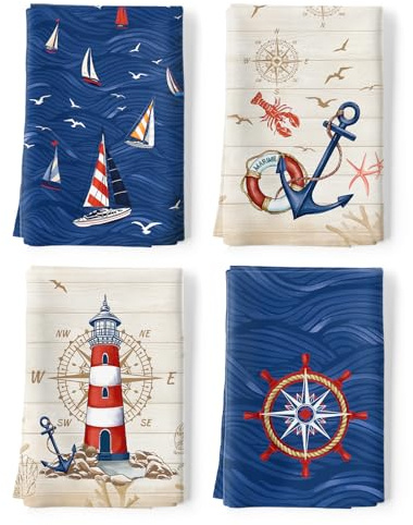 Arquiel Ozean Maritim Geschirrtücher 100% Baumwolle 4er-Set 48 x 70 cm | Geschirrtücher aus 100% Baumwolle, Motiv: Ozean Maritim; saugfähig und pflegeleicht zum Abtrocknen in der Küche.