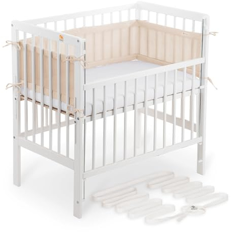 FabiMax Boxspring Baby Beistellbett Flex 90x55, TÜV geprüft, aus Buchenholz weiß lackiert, mit innovativem verstellbarem Seitengitter, passend für Boxspringbetten (Matratze Comfort, Beige)
