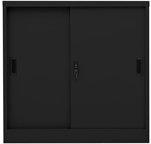 RCODSSK Armario de acero con puerta corredera en color negro – Armario de puerta corredera para oficina, 90 x 40 x 90 cm, con estantes y cerradura para archivos y documentos personales