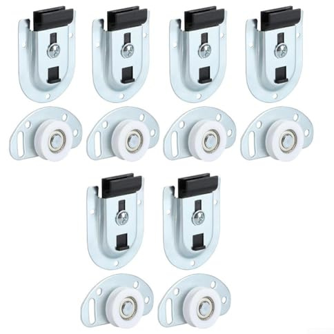 6 Sets Schiebetür-Räder-Set mit Kugellager-Rollen für Schrank, Kleiderschrank, oben aufgehängte Bypass-Schienen-Hardware, verzinkt, leises Gleiten, Ersatzteile für 1,6 cm bis 3,5 cm dicke Türen