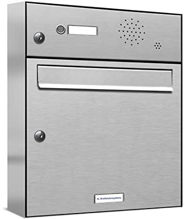 AL Briefkastensysteme 1er Briefkasten mit Klingel V2A Edelstahl, Premium Briefkasten DIN A4, 1-Fach Postkasten modern Aufputz