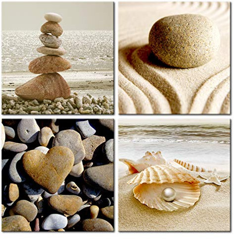 decomonkey - Impression sur Toile Zen Mer 40x40 4 Pièces - Tableau Décoration Appartement Cadre en Bois Déco Salon Peinture sur Toile Maison Vagues mer nature paysage perle sable plage romantique