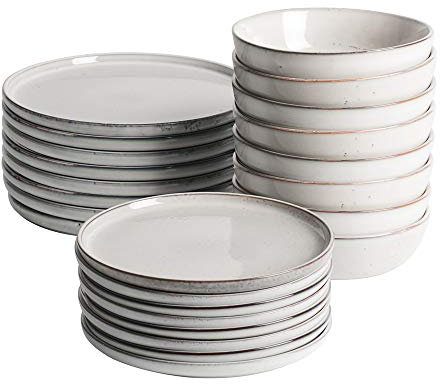 ProCook Oslo Rim Reactive Grey Stoneware Dinner Set Stylish Dishwasher, Oven & Microwave Safe Modern Dinnerware - 24 Piece, 20/22/28 cm