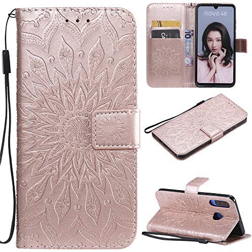 CHcase Cover per Huawei P30 Lite Custodia di Pelle Case Flip Portafoglio Retro Libretto Magnetico Protettiva Non Graffi Funzione Supporto Bumper Fiore Girasole per Huawei P30 Lite - Oro Rosa