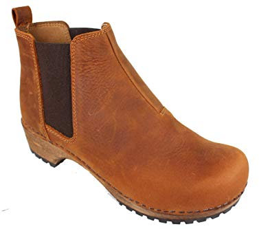 Lotta From Stockholm Lotta's Jo Clog Boot for Women | Wooden clogs made of Lime tree and Soft Oiled Leather | Women's Low Heel Winter Ankel Boots in Cognac Colour - Size UK 7 / EUR 40