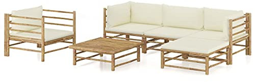 vidaXL Gartenmöbel 6-TLG. mit Cremeweißen Kissen Garten Garnitur Sitzgruppe Sofa Gartensofa Lounge Gartenset Sitzgarnitur Mittelsofa Ecksofa Fußhocker Bambus