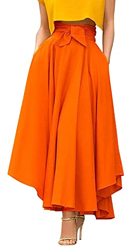 Womens High Waisted Tummy Control Elegant Flowy Long Skirt Solid Color A-line Swing Maxi Skirt(UK 14/Tag XL) Orange