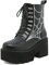Mikarka Damen Kette Plateau Stiefel Schnürung & Reißverschluss Chunky Heel Schwarz Combat Ankle Booties Mode Nieten Motorradstiefel, 13-schwarz, 38 EU