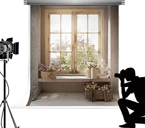 Kate Backdrops Brown Holz Fenster Fotografie Hintergrund Beton Wand Foto Shooting Hintergrund Innendekoration für Familie Party Microfiber Portrait Studio Requisiten (5x7ft/1.5x2.2m)