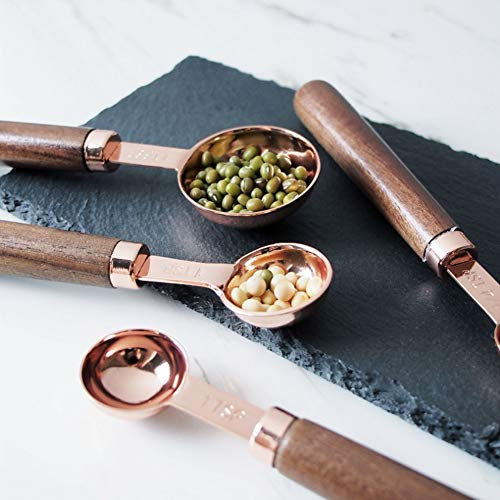 Rose Gold Stainless Steel Measuring Spoons Baking Tools Set of 4, Log Oak Handles Copper Plated Measuring Spoons Graduated Measuring Cups, Graduated Spoons with Measuring Marks