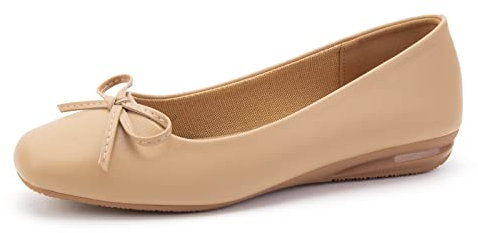 Greatonu Women's Flats Shoes Dressy Ballet Flats Square Toe Memory Foam Slip On Casual Shoes with Bow Knot Beige