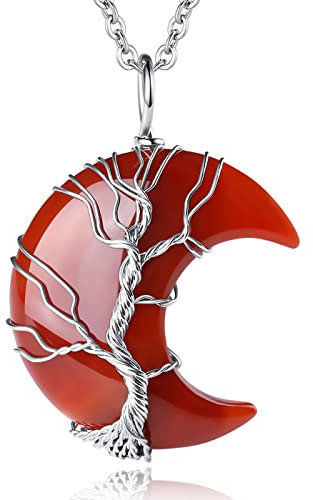 XIANNVXI Karneol Halskette Damen Silber Kette Kristalle Mondsichel Ketten Anhänger Kristall Kette Baum des Lebens Natürliche Energie Edelsteine Schmuck Frauen Geschenk
