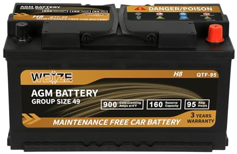 Weize Platinum AGM Battery BCI Group 49-12v 95ah H8 Size 49 Automotive Battery, 160RC, 900CCA, 36 Months Warranty, Dimensions 13.9 L x 6.89 W x 7.48 H