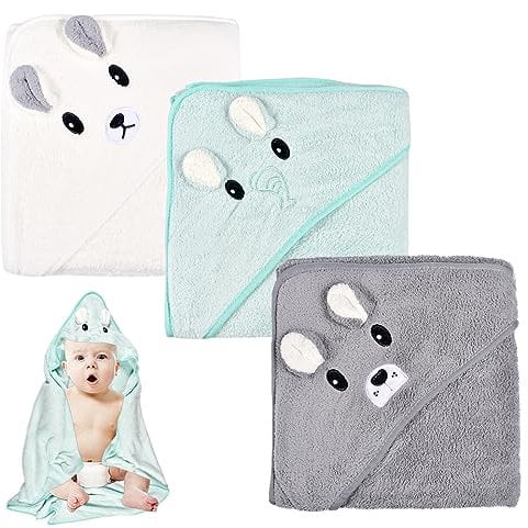 Funmo Kapuzenhandtuch Baby 3Pcs Baby Handtuch Kapuze Badetuch Babyhandtuch Mit Kapuze 80X80 cm Für Babybaden, Weich Super Saugfähig, Niedliches Kapuzenhandtuch Mit Muster 0-5 Jahre (A)