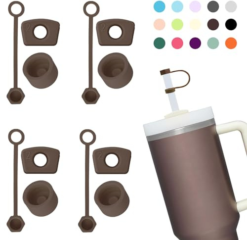 DUNLAGUE Silicone Spill Stopper Set Compatible with Stanley Cup 2.0 30oz & 40oz with Straw Cover (Set of 4, Brown)