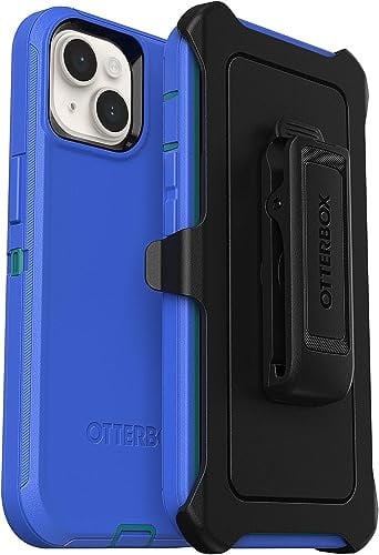 OtterBox iPhone 14 & iPhone 13 (Only) - Defender Series Case - Rain Check (Blue) - Rugged & Durable - with Port Protection - Includes Holster Clip Kickstand - Non-Retail Packaging
