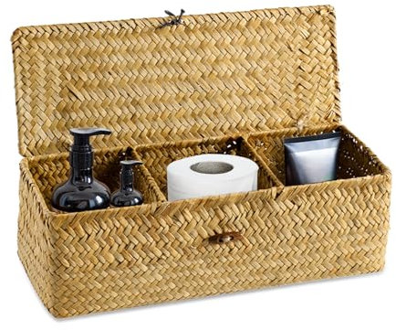 Panier de rangement en osier tressé avec couvercles, panier à linge en jonc de mer, organisateur de maquillage pour salle de bain, salon, cuisine (trois sections)