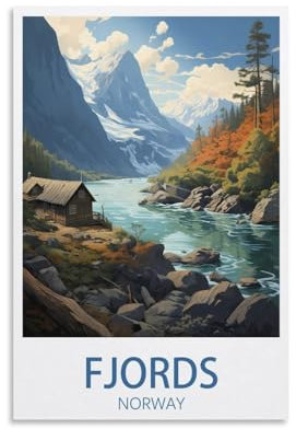 PuPLuM Poster, Motiv: Fjorde, Norwegen, Vintage, Berg, 20 x 30 cm, Leinwand, Wandkunst, Poster für Wohnzimmer, Dekoration, Gemälde für Heimdekoration
