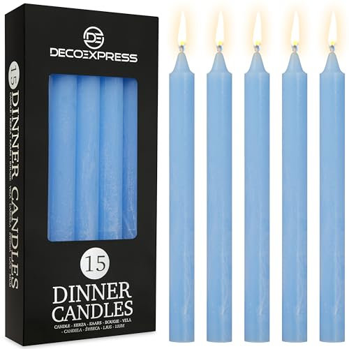 DECO EXPRESS Stabkerzen Kerzen Set 15er Pack Handgemachte Rustik Kerzen Geruchslos Lange Brenndauer bis zu 9 Stunden Tropffreie Tafelkerzen (Blau - 15er-Pack)