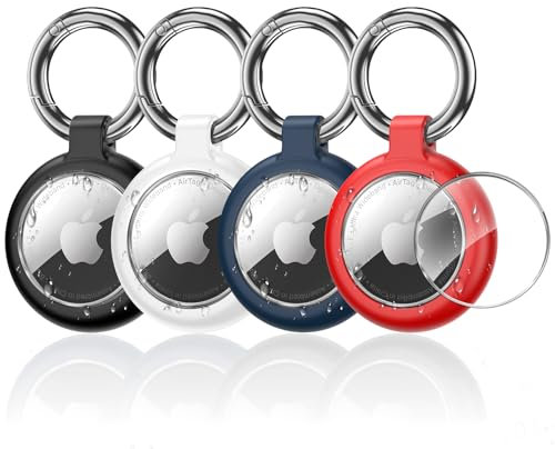 Inesore Lot de 4 pendentifs pour Apple AirTag, coque en texture fibre de carbone et étui étanche pour Air Tag, entièrement résistant aux rayures du corps avec porte-clés pour AirTags, collier pour