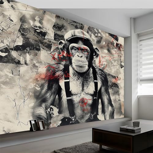 Papier Peint Panoramique Peinture Graffiti Gorille, 400 x 280 cm (WxH) Poster Mural, Noir Peinture Murale pour Salon Chambre Chambre d'enfants Restaurant Décoration Murale
