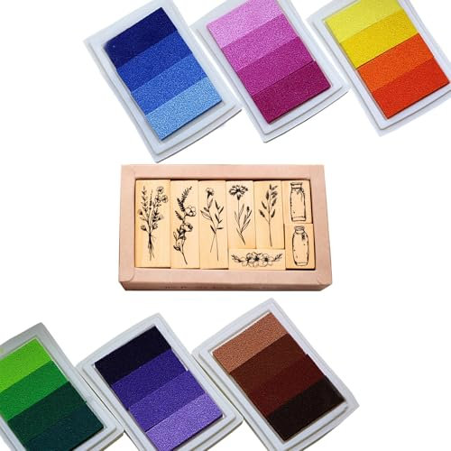 BRIOTA 8 Stück Holzstempel Stempelset, Natürlichel Pflanze Stempelset, Stempel Blumen mit Stempelkissen, für Scrapbooks Journals Tagebücher Crafts DIY Karten