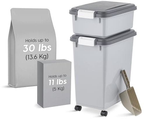 IRIS USA Airtight Dog Food Storage Container with Wheels, Up to 13.6kg and 5kg, 2 Cup Scoop, Cat Dog Treat Wet Food Cans Toy Storage Container, Stackable, Portable, Grey