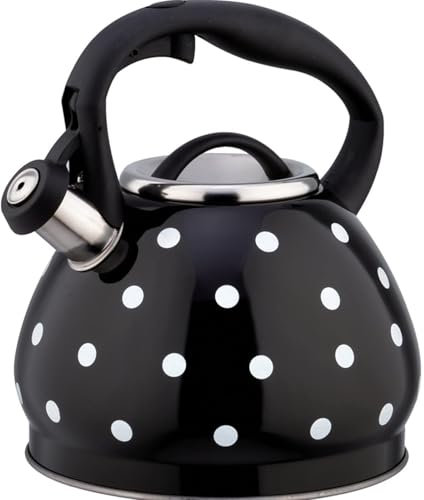 Tetera silbante de lunares con diseño de lunares, tetera de acero inoxidable de 3 L con mango plegable ergonómico (negro)
